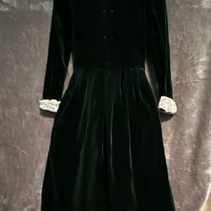 Laura Ashley Elegant Velvet Dress with Lace Cuffs